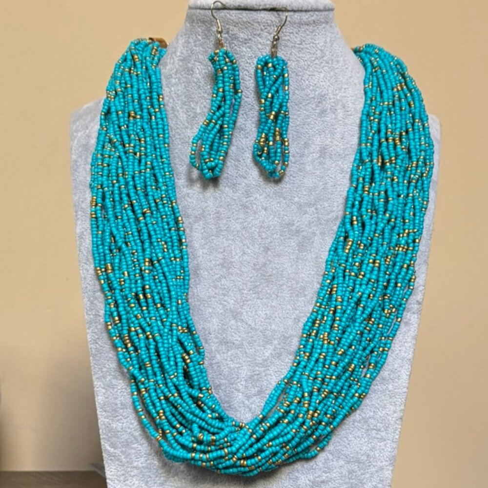 Multi Strand Turquoise  and Gold Glass Seed Bead Necklace Earring set